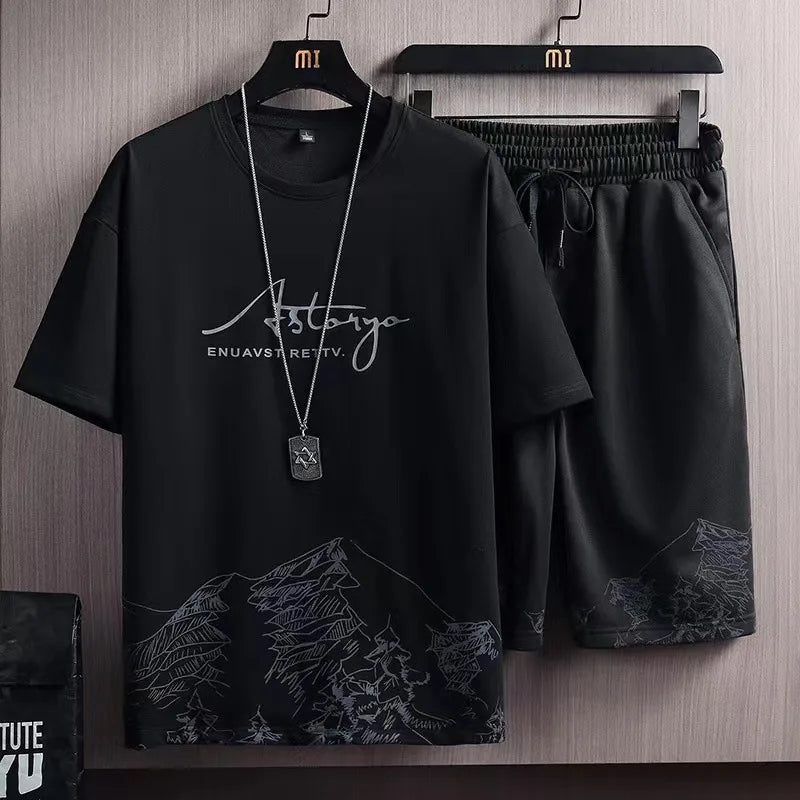 Casual Sportswear Suit Men's Summer Thin Printed Short-sleeved T-shirt Pants Trend Quick-drying Men's Two-piece Suit