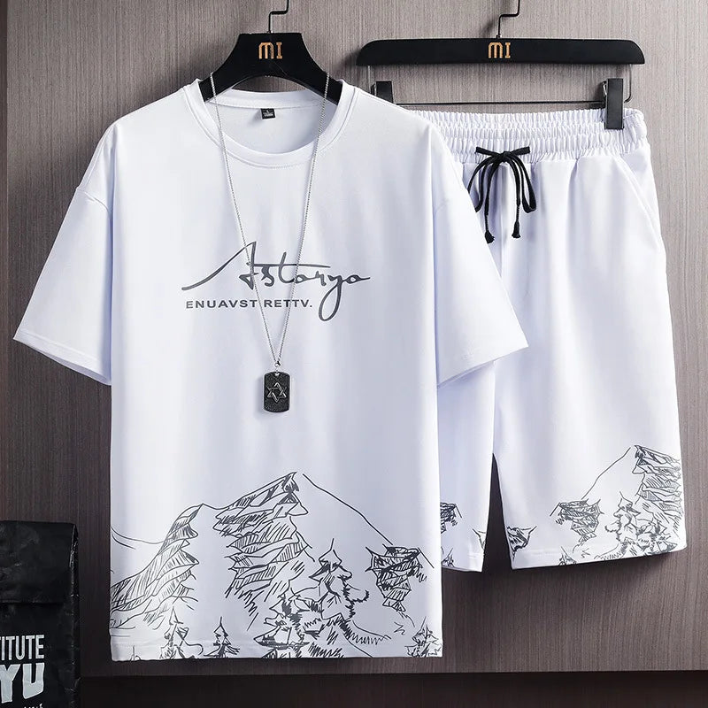 Casual Sportswear Suit Men's Summer Thin Printed Short-sleeved T-shirt Pants Trend Quick-drying Men's Two-piece Suit