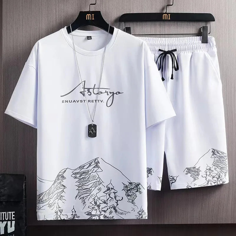 Casual Sportswear Suit Men's Summer Thin Printed Short-sleeved T-shirt Pants Trend Quick-drying Men's Two-piece Suit