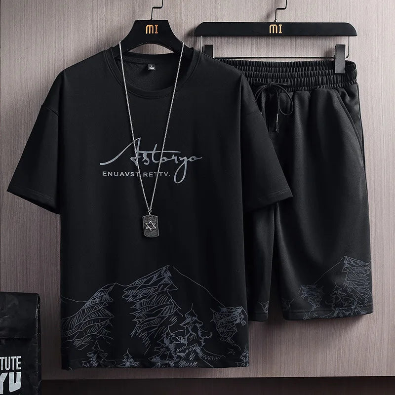 Casual Sportswear Suit Men's Summer Thin Printed Short-sleeved T-shirt Pants Trend Quick-drying Men's Two-piece Suit