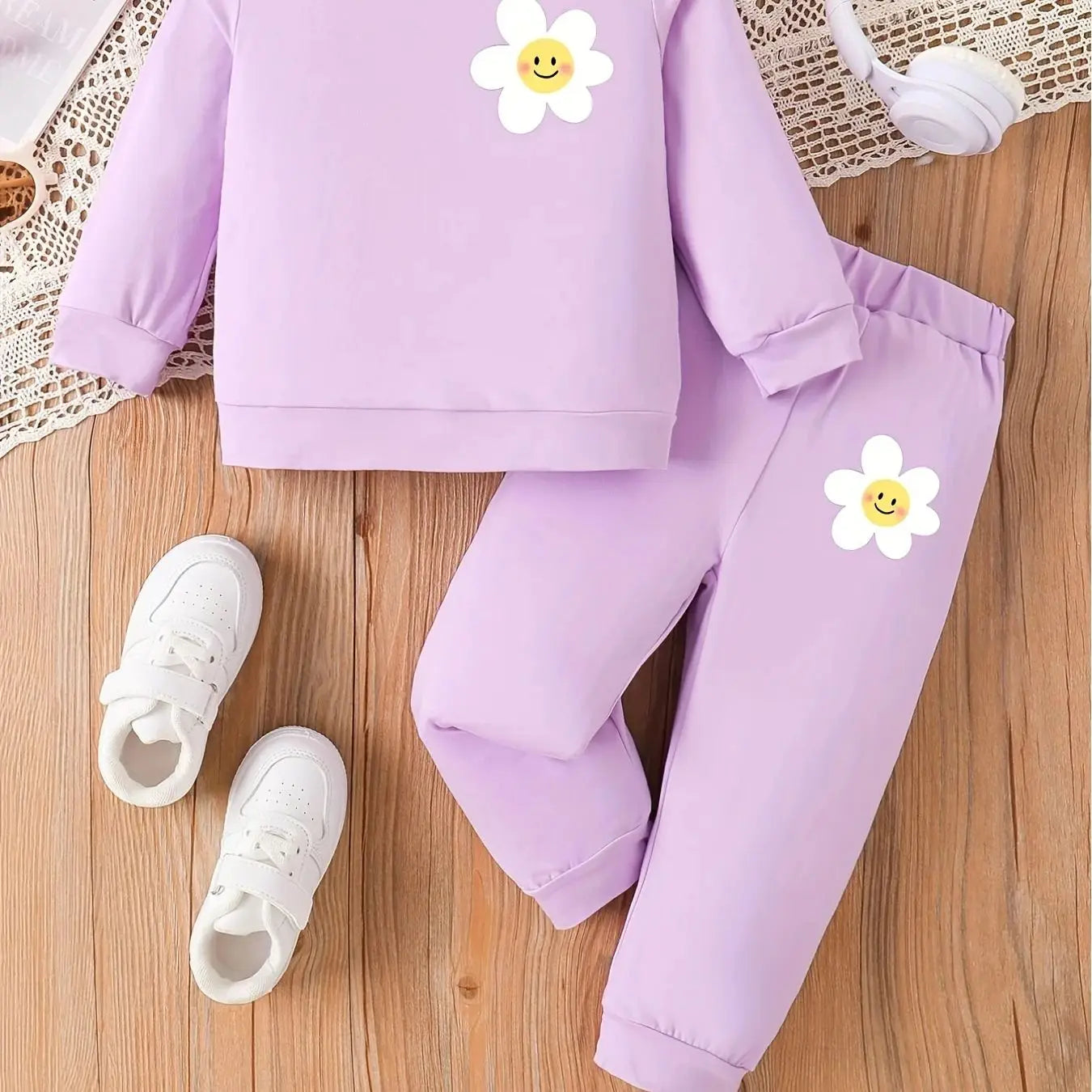 Toddler 2-Piece Outfit | Purple Smiley Daisy Print Long Sleeve Top + Pants | Spring Autumn Kids Clothing Set