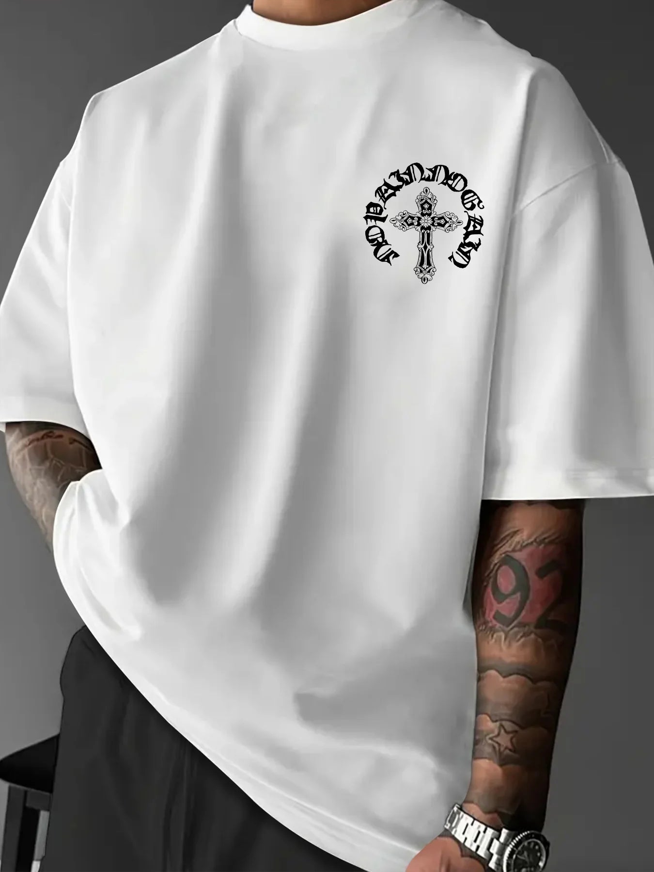 Men's Gothic Streetwear T-Shirt Ornate Cross Circle Script Graphic Print Crew Neck Short Sleeve Polyester Tops Casual Hip Hop