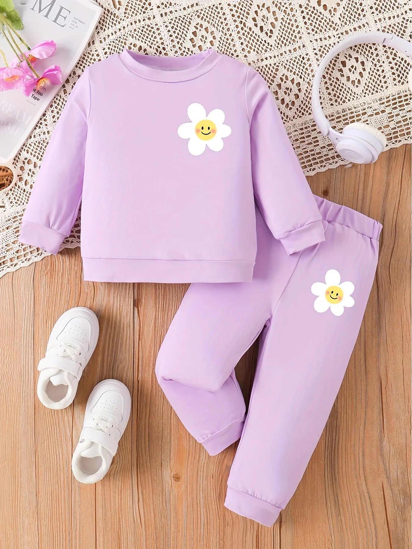 Toddler 2-Piece Outfit | Purple Smiley Daisy Print Long Sleeve Top + Pants | Spring Autumn Kids Clothing Set